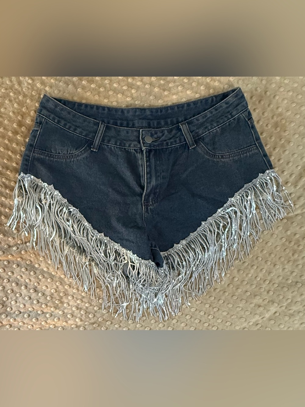 Denim Silver Fringe High-Waist Women's Shorts